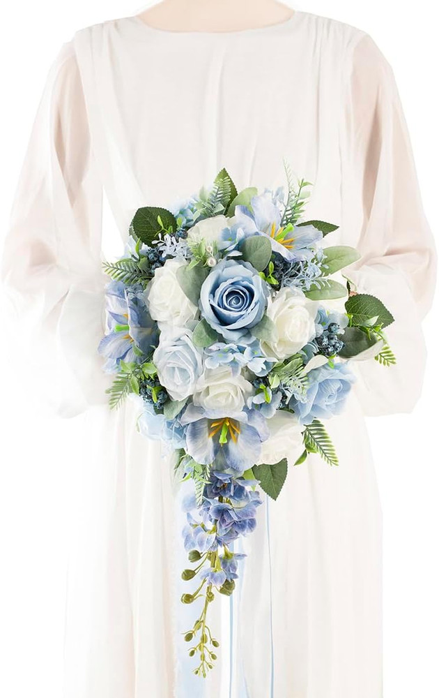 Dusty Blue & White 12″ Cascade Bridal Bouquet – Silk Wedding Flowers