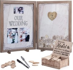 Antique White & Brown Guest Book Frame for Weddings – 80 Wooden Hearts Inside