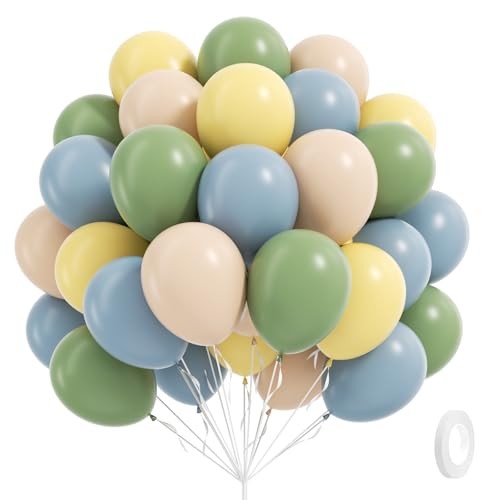 60pcs 12inch Sage Green Dusty Blue Pastel Yellow Balloons, Blue Green Yellow