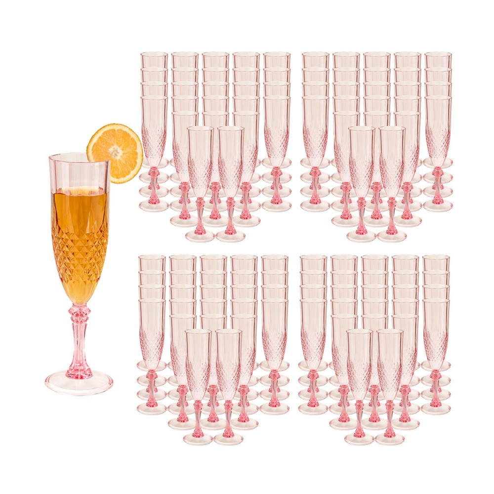 100PCS Plastic Champagne Flutes,7.1Oz Acrylic Pink Wine Glasses Goblets Reusa…