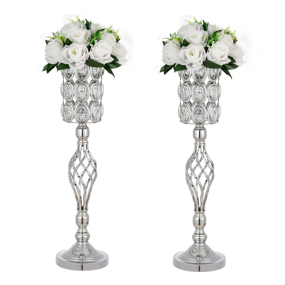 24in Wedding Centerpieces for Tables, 2pcs Silver Metal Diamond Crystal Weddi…
