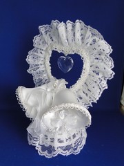 New Vintage Double White Satin Bells Cake topper with elegant Lace #423