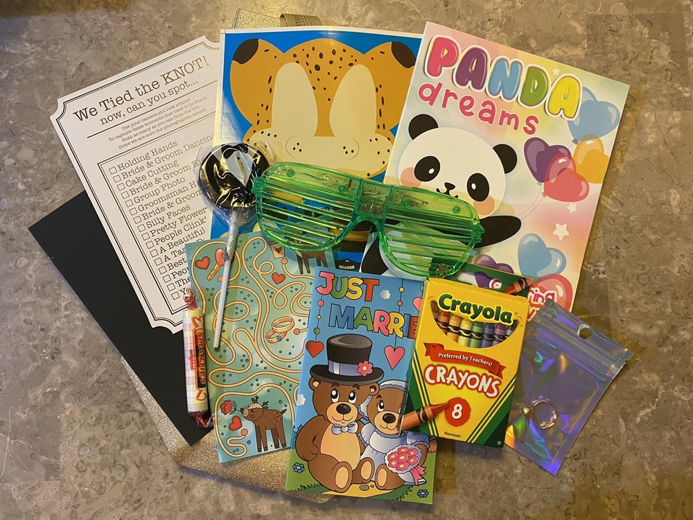 15 x Kid’s Wedding Favor Activity Bags Gold Crayola LED Sunglasses Coloring Fun!