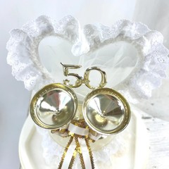 Vintage 50th Wedding Anniversary Cake Topper with Gold Champagne Flutes Ribbons