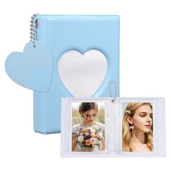 Mini Photocard Binder, 3″ Heart Hollow Photo Album with Keychain, Blue