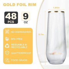 48 Pack Ribbed Plastic Champagne Flutes Stemless With Gold Rim, Unbreakable