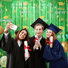 2 Pack Graduation Foil Fringe Curtain 3.3Ft x 6.6Ft Green Gold 2025 Graduatio…