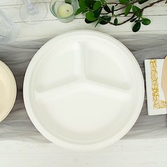 50 Round 10″ White 3-Compartment Sustainable Bagasse Dinner Plates Party Events