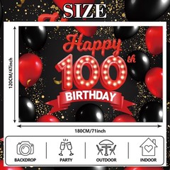 Happy 100th Birthday Red and Black Banner Backdrop Decorations Balloons Theme…
