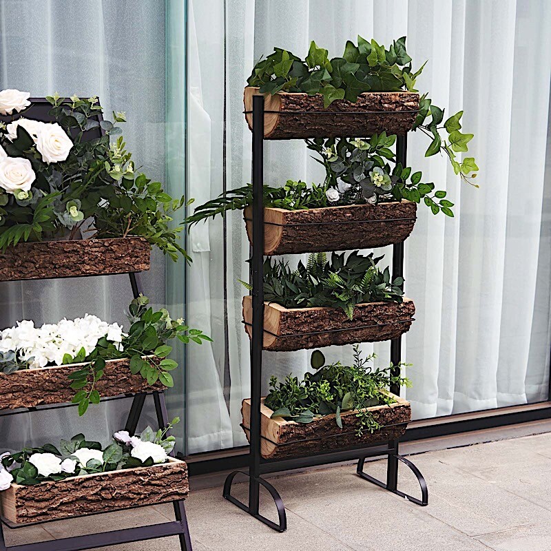 Black Brown 4 Tier METAL STAND Natural Wood PLANTER BOXES Party Home Decorations