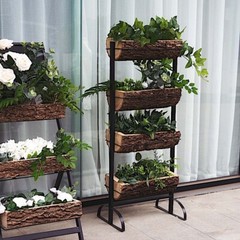 Black Brown 4 Tier METAL STAND Natural Wood PLANTER BOXES Party Home Decorations
