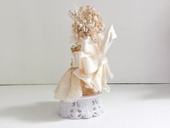 Vintage ‘60s Bride & Groom Cake Topper–Cotton Flowers, Ribbon, Lace, Plastic