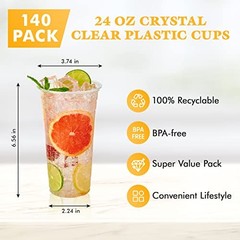 140 Pack 24 OZ PET Clear Plastic Cups with Lids, 24 OZ Crystal 24 OZ Clear