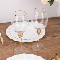 6 Clear Wine Goblet Glasses 16oz Gold Rimmed Design with Rhinestone Studded