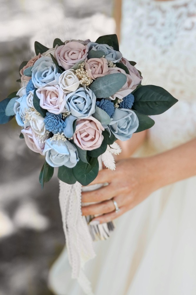 Dusty Ice Blue Pink Bridal Bouquet Sola Wood Flower Bridesmaid Wedding Decor