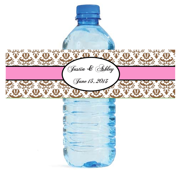 100 Brown Damask with Pink Wedding Anniversary Baby Shower Water Bottle Labels