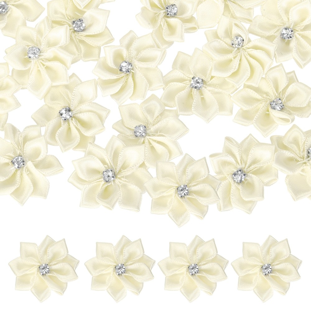 100Pcs Ribbon Flowers 1.2 in Fabric Flowers with Rhinestones Beige