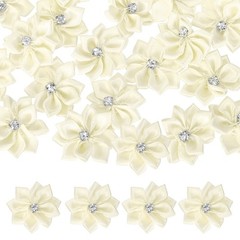 100Pcs Ribbon Flowers 1.2 in Fabric Flowers with Rhinestones Beige