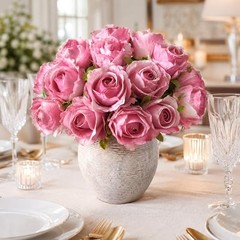 18pcs Pink Roses Artificial Flowers, Fake Roses Silk Flowers with Stems