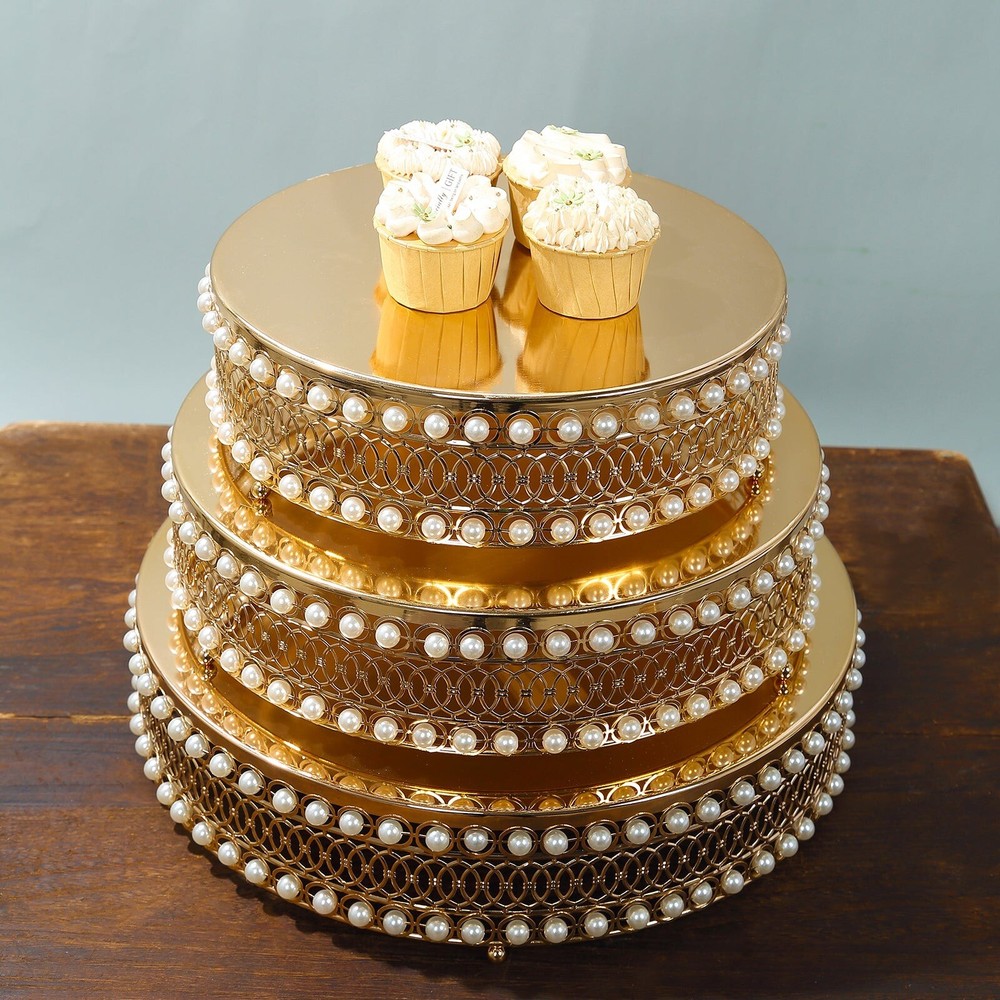 3 Gold Pearl Beaded Metal Cake Stands Mirror Top Party Event Decoration Supplies