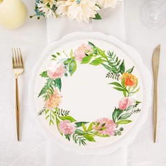 25 White 9″ Round Paper Plates with Flower Wreath Design Disposable Tableware