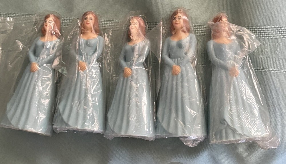 VINTAGE 5 WHITE BRIDESMAIDS IN BLUE GOWNS OLD STOCK CAKE TOPPERS’ NEW-FREE SHIP