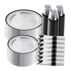 350 Piece Plastic Dinnerware Set for Party, Clear 350 Piece (50 guests) Black