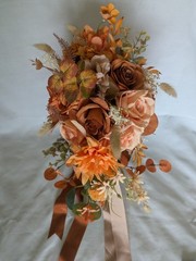 Rustic Orange Bridal Cascade Bouquet Artificial Silk Flowers