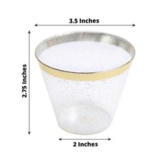 25 CLEAR 9 oz Glittered PLASTIC CUPS Gold Rim Party Events Decorations Supples