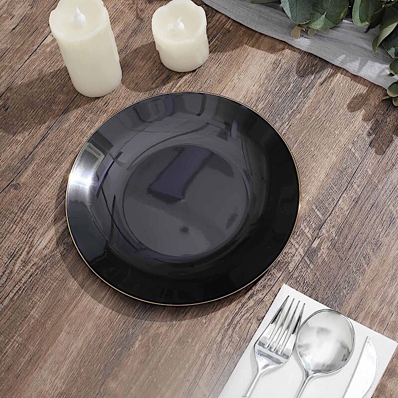 BLACK 10 Glossy 8″ Round Plastic Salad PLATES Gold Rim Party Events Decorations