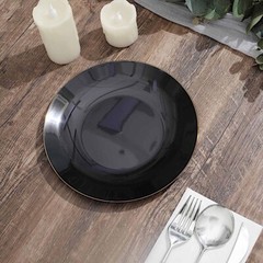 BLACK 10 Glossy 8″ Round Plastic Salad PLATES Gold Rim Party Events Decorations