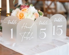 5×7 Frosted Arch Acrylic Table Numbers 1-15, Stands, Head Table Sign,White Font