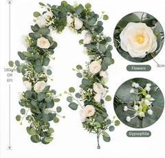2 Pack 13Ft Artificial Eucalyptus Flower Garland with Roses, Fake 2PCS White