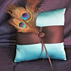 NEW Luxious Bridal PEACOCK Themed Teal & Brown SATIN RING PILLOW 7.3″x7.3″