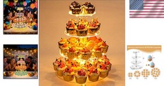 Durable Yellow 4-Tier Round Cake Stand Display with LED Lights for Celebrations