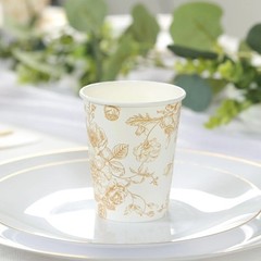 24 WHITE GOLD 9 oz Disposable PAPER CUPS French Toile Pattern Party Supplies