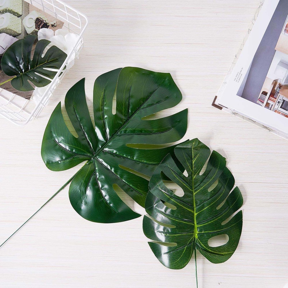 6 BLACK Monstera ARTIFICIAL LEAVES Tropical Greenery Stems Wedding Decorations