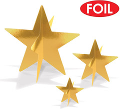Gold 3-D Foil Star Centerpieces, 9-Count – Metallic Starry Table Decorations in