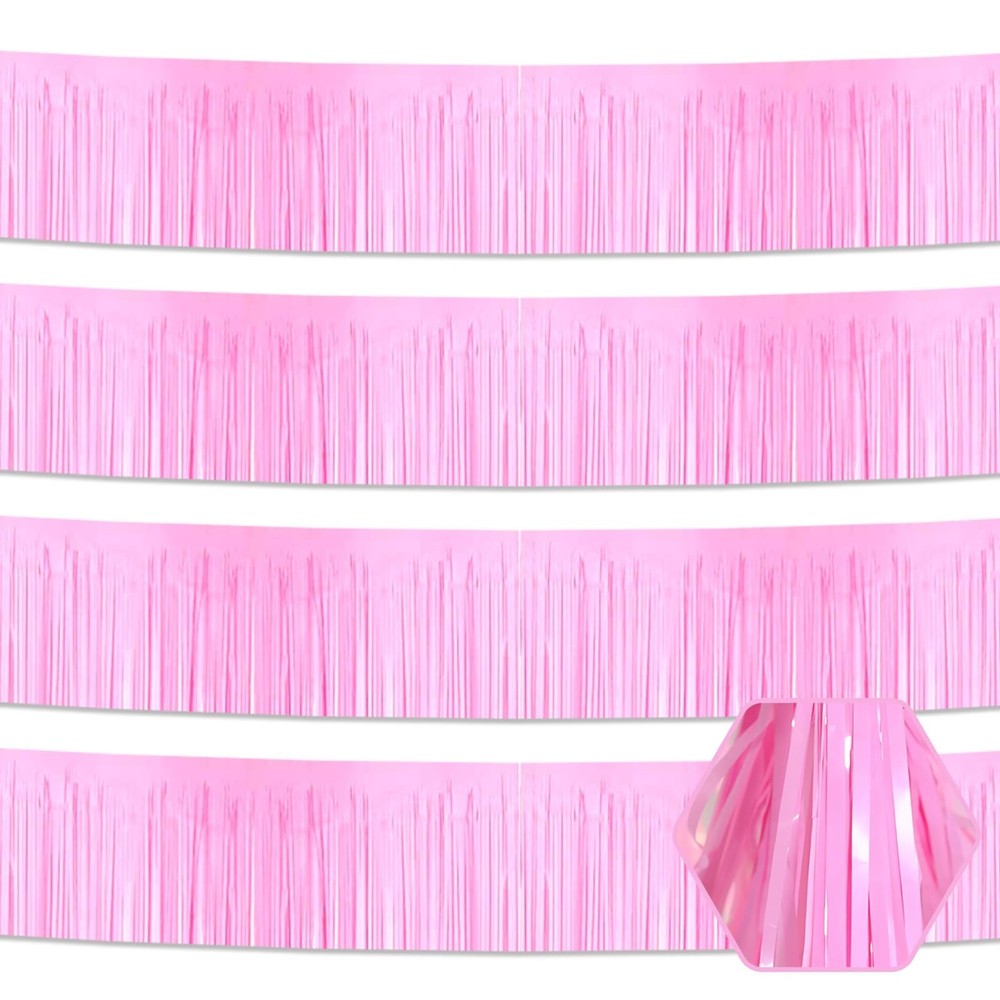 4 Pack 10 Feet Macaron Pink Foil Fringe Garland Metallic Tinsel Streamers Ban…