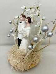 Vintage Wedding Cake Topper Bride and Groom Figures Chalkware Floral Arch