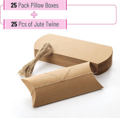 Kraft Pillow Boxes, 6.3X3.4X1.3 In, 25 Pack with Jute Twines, Kraft Gift Boxes,