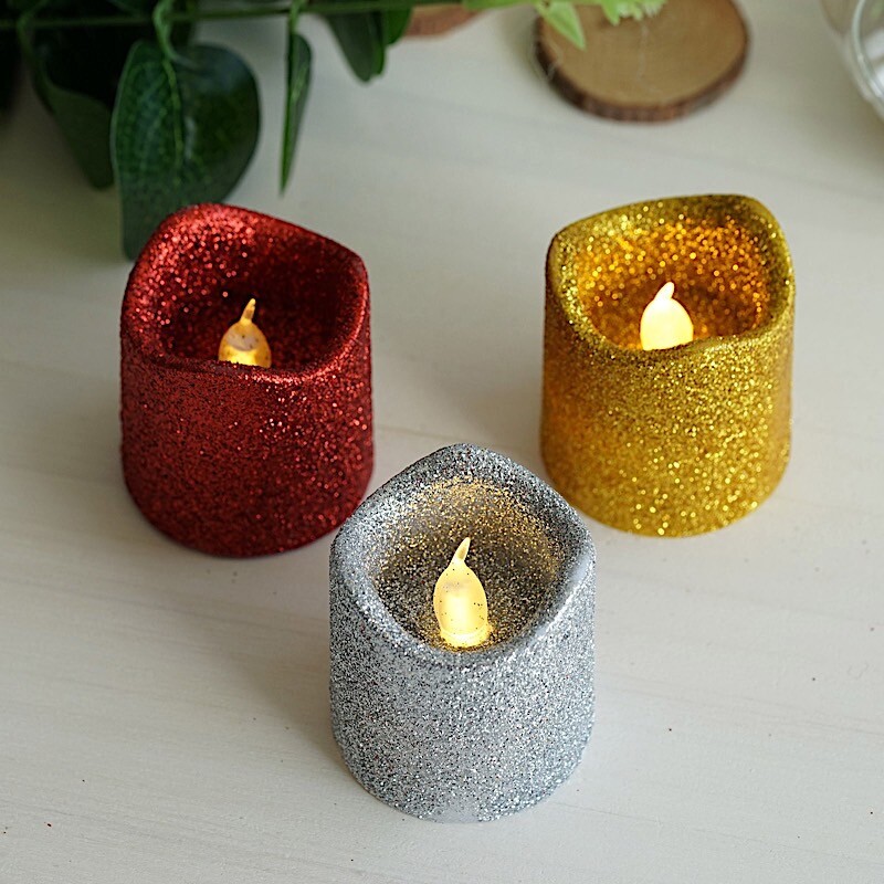 12 pcs 2″ tall LED Votive Glittered Candles Lights Wedding Party Centerpieces