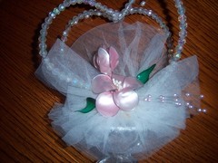 VTG NICE BEADED HEARTS FABRIC WIRE PLASTIC PINK FLOWERS Wedding Cake Topper 7″
