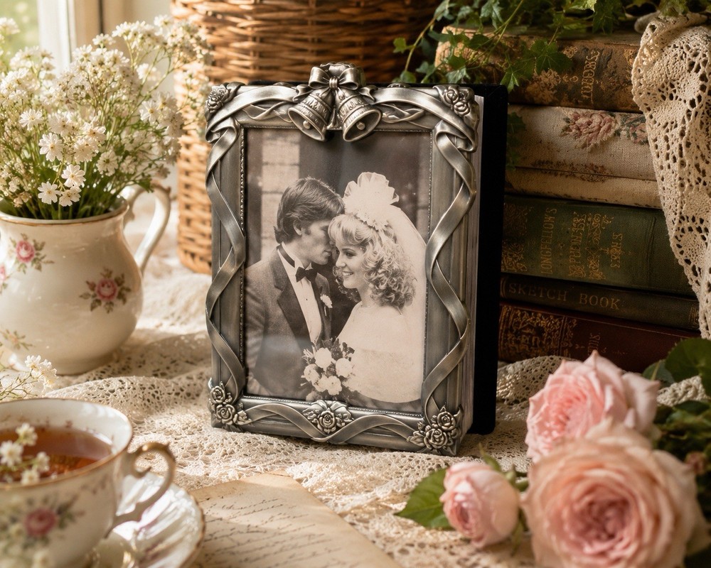Wedding Photo Album Pewter Frame 80 Photos 4×6 Bells Roses Velvet Cover 90s Read