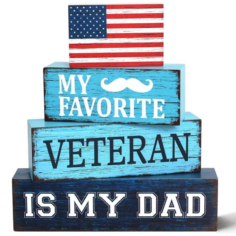 4 Pcs Dad Veteran Wooden Tiered Tray Decor, Father Day Decorations Gifts Blue