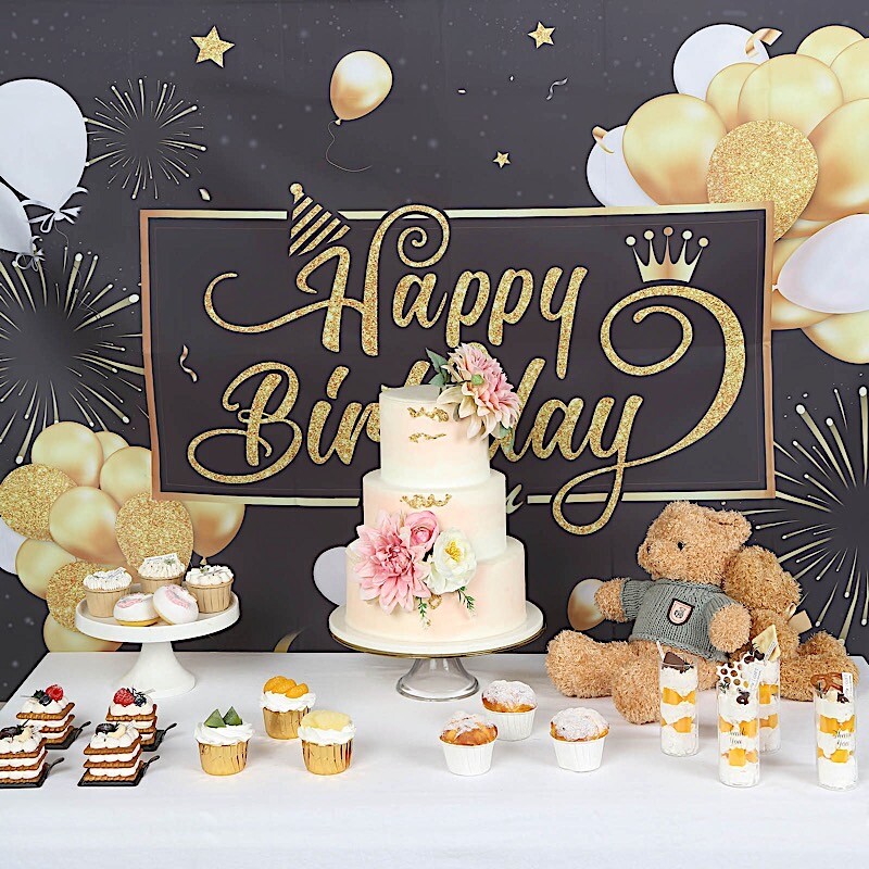 Black Gold 6×3 ft Polyester Happy Birthday Printed BACKDROP Party Decorations