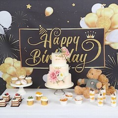 Black Gold 6×3 ft Polyester Happy Birthday Printed BACKDROP Party Decorations