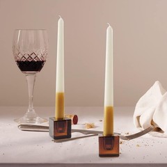 2PCS Dark Brown Square Glass Taper Candle Holders for Table