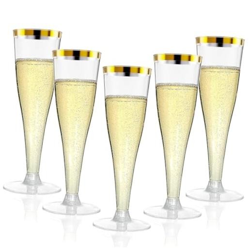 20 Pack Champagne Flutes Plastic Wine Glasses Disposable, 4.5 20 Count Gold Rim