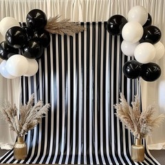 8 ft x 10 ft BLACK White Striped Satin Backdrop Curtain Panel Wedding Events